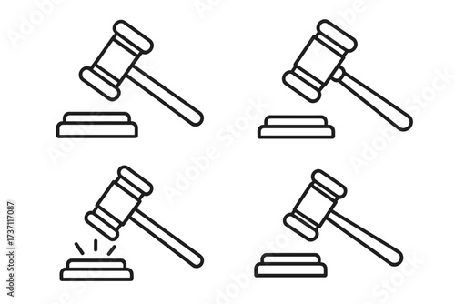 Judicial gavel outline icon collection. Symbol of law, justice, court, and auction. Editable stroke vector. Legal concept of verdict, judgement, authority, and decision.