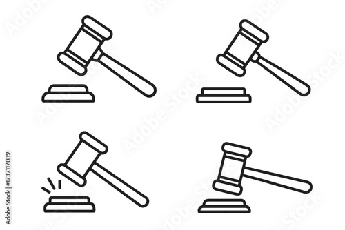Judge gavel and sound block icon set. Court hammer for justice, law, auction, and verdict. Legal symbol of authority and legislation. Vector line art illustration collection.