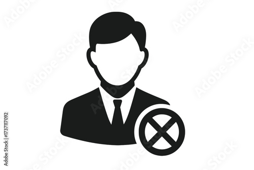 Businessman silhouette with cross icon, user profile rejection symbol, professional person avatar, corporate flat style illustration for web design, logo, app, UI, isolated vector