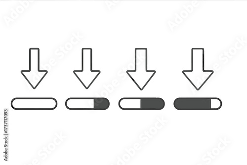 Vector download icon collection. Thin line art progress bar with arrow down. Loading status sequence for website and application interface. UI and UX design element set.