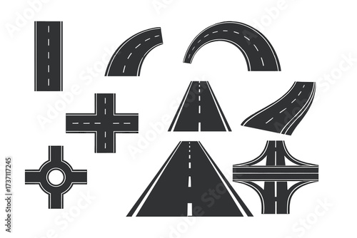 Road and highway map elements set. Vector street, intersection, roundabout, and junction parts for constructor. Asphalt motorway path icons isolated on white background.
