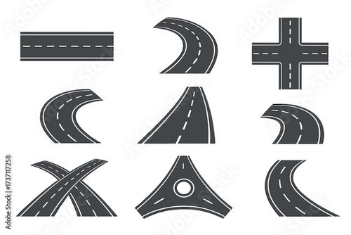 Roads and highways vector icon set. Street map construction elements. Winding road, journey path, intersection, roundabout, and junction for traffic infographic design.