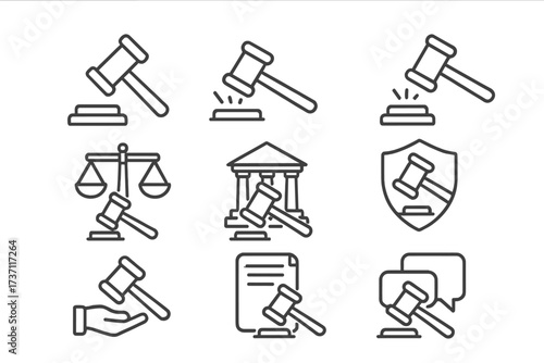 Law and justice line icon set. Judge gavel, courthouse, and scales of justice symbols. Legal system, verdict, and auction concepts. Editable stroke vector for infographics.