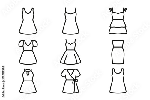 Dress line icon set. Woman clothes collection for boutique app. Vector fashion pictogram pack of sundress, cocktail, summer, party, casual dresses. Minimalist outline symbols.