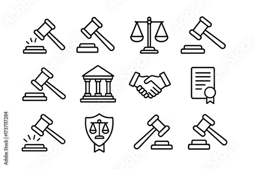 Law justice icon set. Gavel judge hammer. Court auction. Legal courthouse. Scales of justice balance. Handshake agreement. Certificate contract. Vector outline editable stroke.