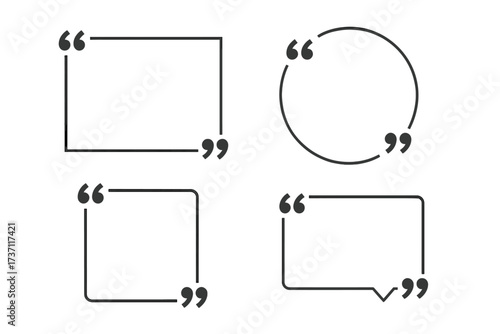 Quote frames set. Block quote templates with quotation marks. Blank comment and testimonial text boxes. Speech bubble and citation frames for information and dialogue. Vector.