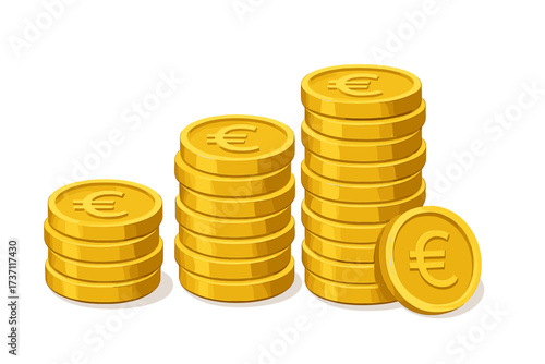 Gold euro coins stack. Increasing piles of money. Financial growth concept. Investment, savings, wealth. Business profit metaphor. Banking currency treasure. Finance success.