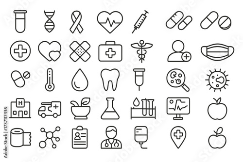 Medical and health care line icon set. Medicine, hospital, science, and pharmacy symbols. Vector pictograms for infographic, web, rx, dna, virus, emergency, and treatment.