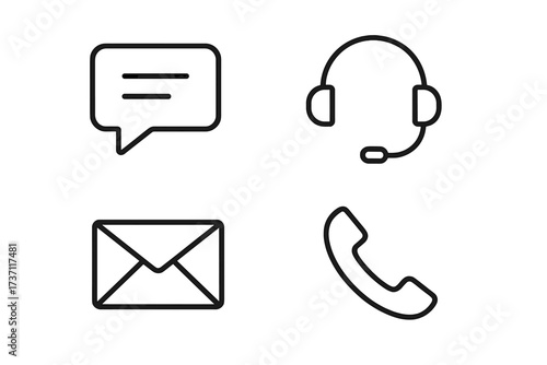 Contact us web icons set in thin line style. Communication pictogram collection. Customer service support, chat, message, email, phone call symbols for web and mobile app.