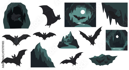 bats flying from caves illustration silhouetted against dusk sky conveying mystery and halloween spirit ideal for spooky season promotions
