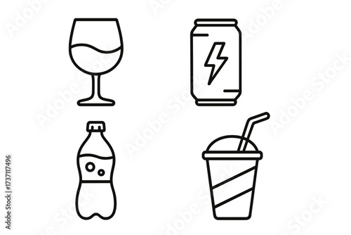 Beverage and drink outline icon set. Vector collection of thin line symbols. Includes wine, alcohol, energy drink, soda bottle, and soft drink cup for web, app, and UI design.