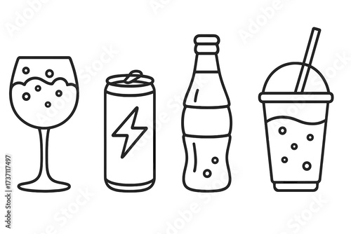 Drink and beverage linear icon set. Vector collection of outline symbols: alcohol glass, energy drink can, soda bottle, soft drink cup. Line art illustration for bar menu, app, web.