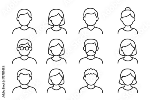 People avatar line icon set. Male & female user profile picture placeholder. Faceless character head collection. Anonymous person bust silhouette. Simple outline vector for web, app.