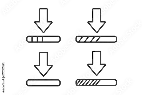 Download icon set with progress bar. Loading status indicator. Thin line art vector symbols for web design, UI, UX, app interface. Data transfer, upload, install elements.