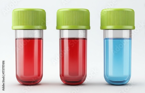 Three glass vials filled with red and blue liquids, capped with green lids, on white background