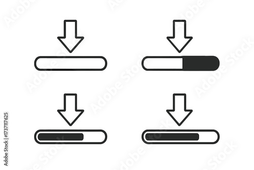 Download progress bar icon set. Loading status indicators with down arrow. Vector symbols for data transfer, file update, software installation process for web & mobile app UI.
