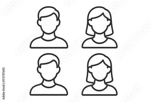 Male and female user avatar icon set. Simple line art people silhouette. Head and shoulders person profile placeholder. Business contact, default member graphic. Vector.