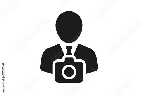 Businessman silhouette with camera icon, professional person symbol, corporate photography concept, flat style vector illustration, logo design, UI app icon isolated on white background