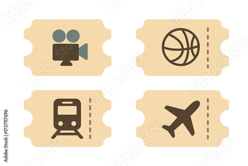 Vector ticket icon set. Flat design collection of retro ticket stubs. Cinema movie, sports game, train transport, airplane flight symbols. Admission and travel pass concept.
