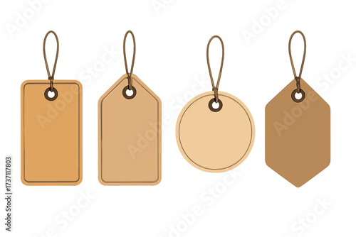 Set of blank paper price tags. Collection of empty kraft cardboard gift labels with strings. Various shapes for retail, sale, or product packaging. Vector illustration mockup.