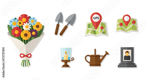 Grave tending icons flowers tools maps and candle illustrating remembrance perfect for memorial or sympathy cards and funeral planning resources.
