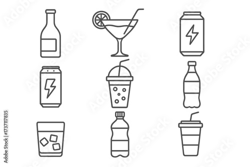 Beverage and drinks thin line icon set. Collection of alcohol, cocktail, energy drink, soda and soft drink symbols. Minimalist linear pictogram pack for web and graphic design.