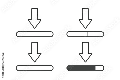 Vector icon set of download progress bars. Thin line arrows and loading status indicators for web, app UI/UX design. Data transfer, installation, and update symbols.