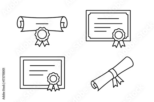 Diploma and certificate vector icon set. Collection of graduation scrolls, degree documents, and award signs with seals. Simple outline illustration for web and app design.