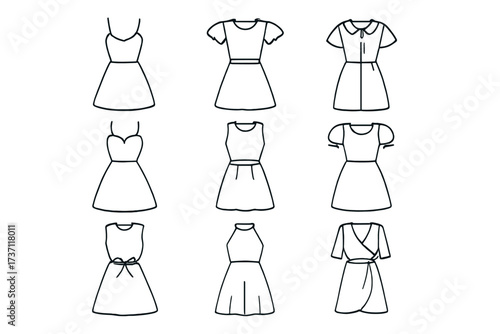Dress icon set with different styles. Thin line art collection of women's fashion apparel. Vector summer dress outlines and silhouettes for web design, apps, and infographics.