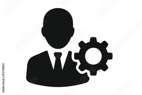 Businessman silhouette with gear icon, symbol of user settings, management and configuration concept, professional person flat style, vector illustration for web and app design