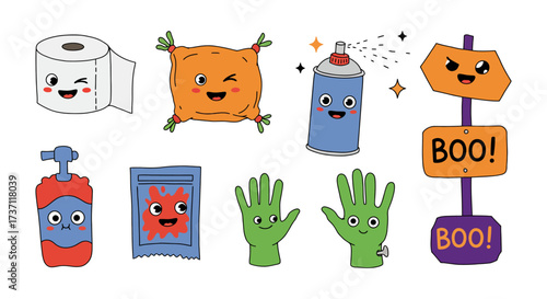 halloween prank supplies with quirky cartoon icons perfect for spooky season blogs playful illustrations and trick-or-treat themed social media posts