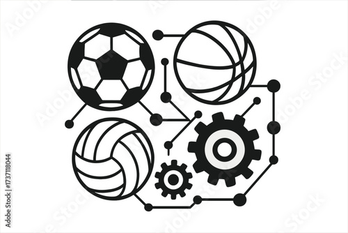 Sport mechanism concept with football, basketball, and volleyball. Sports analytics and game strategy icon. Team sports mechanics with connected gears. Abstract vector illustration.
