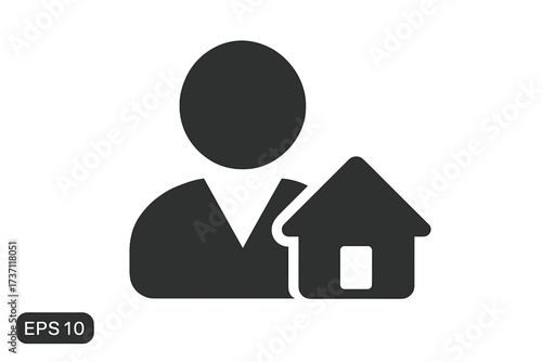 Business person with house icon, real estate agent symbol, professional figure with home, property management concept, flat style vector logo for web, app, UI design, isolated on white background