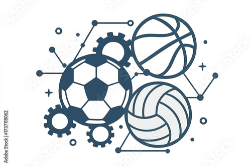 Sport mechanism concept with football, basketball, and volleyball. Abstract technical illustration of game strategy, teamwork, and system. Vector graphic with connected gears.