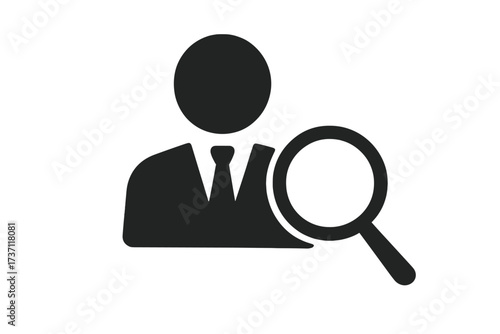 Businessman silhouette with magnifying glass icon, user search concept, professional person symbol, recruitment, investigation, analysis, user interface, logo, flat design vector