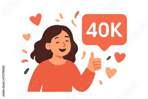 Thank you 40k followers. Happy woman celebrates social media milestone. Blogger success with 40000 subscribers. Influencer congratulation card with thumbs up and hearts.