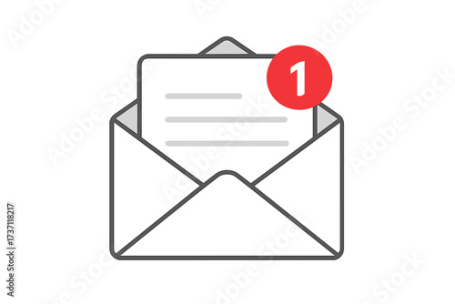 New email message notification in inbox. Open envelope with letter and red counter. Mail delivery service, newsletter announcement. Communication concept flat vector icon.