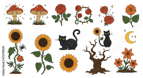 magical halloween illustration with black cat mushrooms sunflowers and roses perfect for spooky season designs and autumnal backgrounds.