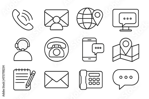 Contact us & communication outline icons. Customer service, support, call center agent, phone, email, chat, and location symbols. Editable stroke vector line art set.