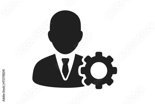 User settings icon with business person and gear symbol. Concept for account management, admin, profile configuration, or support service. Vector for web, app, UI design.