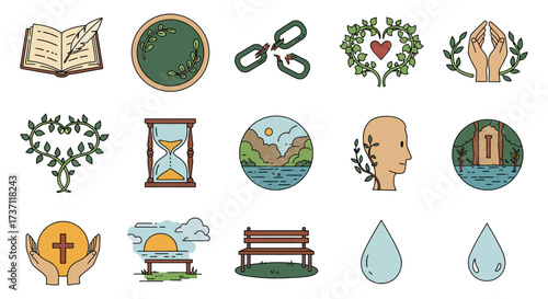 mindfulness icons illustrating inner peace nature connection and spiritual wellness through symbolic imagery for meditation app designs