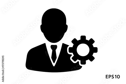 User settings icon. Male business person profile with gear. Symbol for management, admin, account configuration, or technical support. Flat vector for web, logo, app, UI.