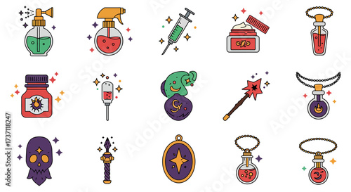 magical potion set with various magical items for fantasy themed projects and rpg for unique magical designs and witchcraft elements