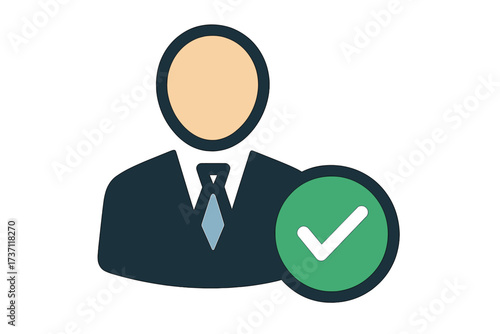 Verified user icon. Approved person. Account validation. Employee hiring. Profile authentication. Success check mark. Concept of recruitment. Business man with green tick.