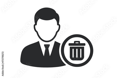 Delete user icon. Remove person profile or employee. Firing staff or worker concept. Man silhouette avatar with trash can. Business dismissal symbol for app UI. Vector.