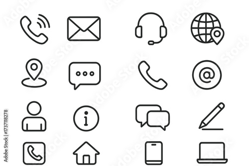 Contact us & communication outline icon set. Simple line art symbols for customer service & support. Phone, email, chat bubble, location pin, headset icons. Editable stroke vector.