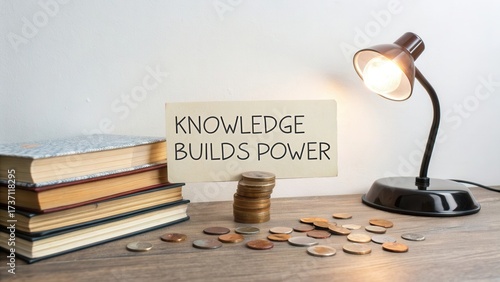Wallpaper Mural Knowledge Builds Power Concept with Books, Coins, and Desk Lamp on a Wooden Surface for Inspirational Themes and Personal Growth Torontodigital.ca
