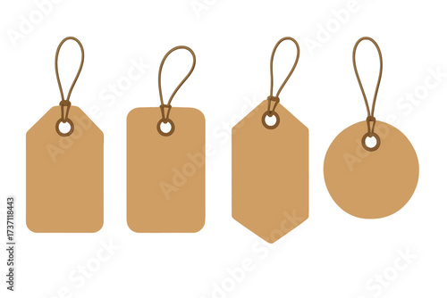 Set of blank kraft paper price tags vector. Collection of brown cardboard gift labels. Empty hang tags with strings for retail, sale, shopping, discount, and promotion. Rustic.