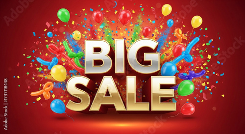 Vibrant big sale announcement with balloons and confetti, perfect for attracting attention to promotional offers and discounts