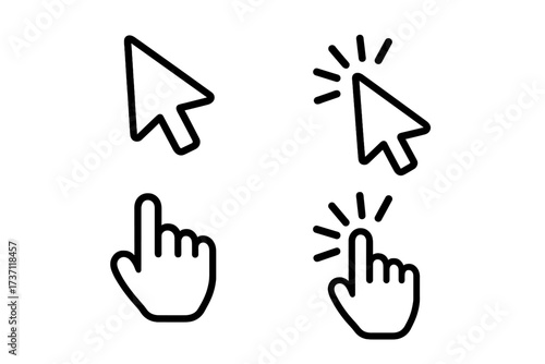 Cursor pointer icon set. Arrow and hand mouse symbols. Click and press action. Outline collection for UI, UX, website button, link, app interface and navigation design. Vector